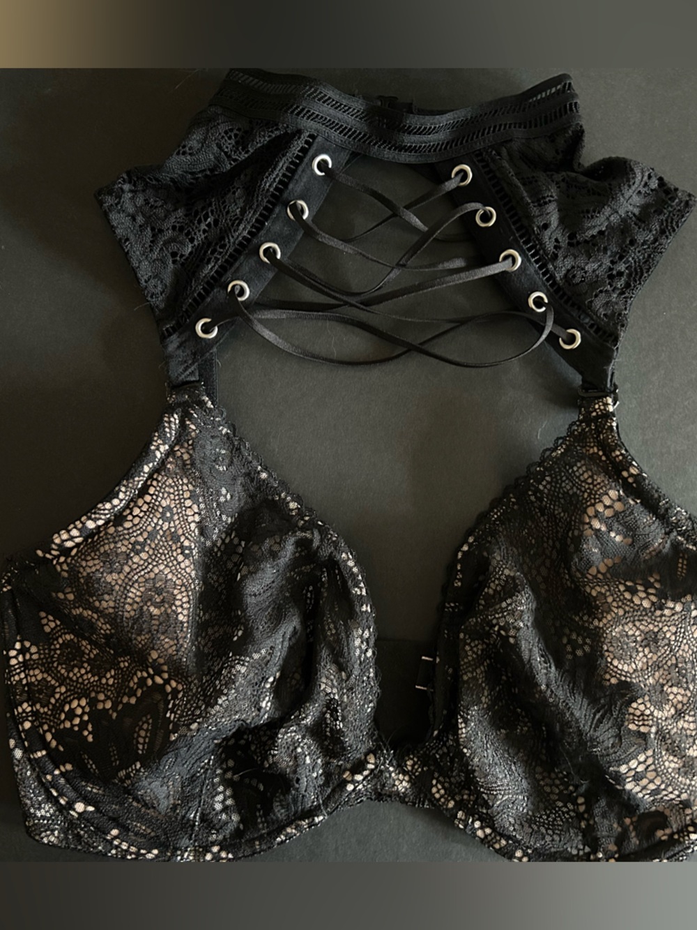 Victoria’s Secret Black Lace Plunge Bra with Laced Halter Detail-36DDD